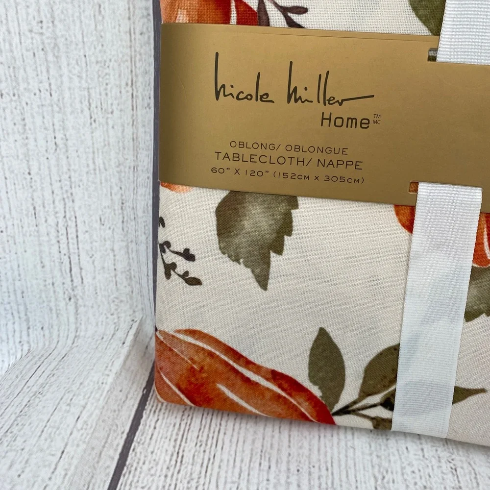 Nicole Miller Home Tablecloth 60x120 Cream Orange Pumpkin Fall Harvest Autumn
